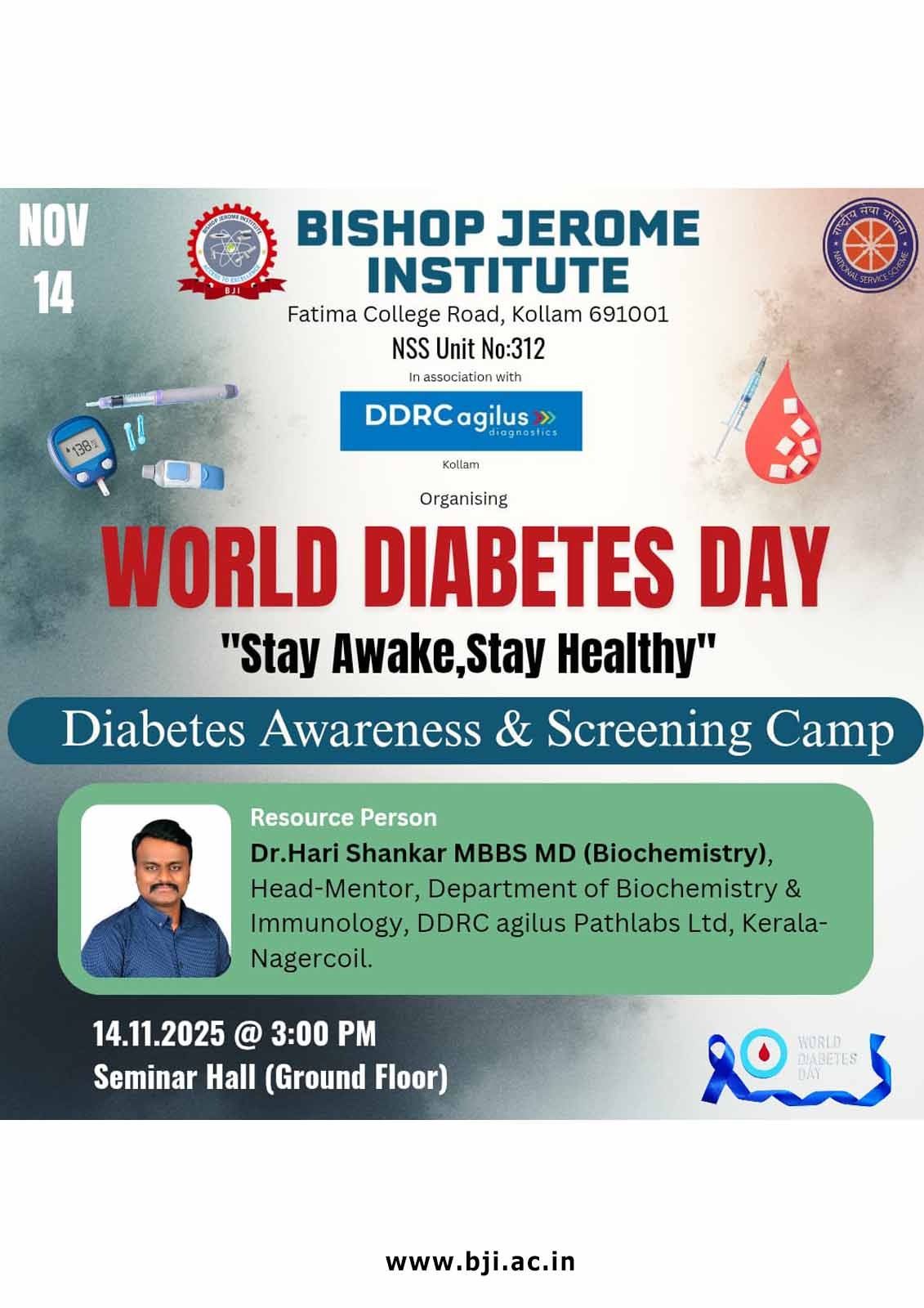 World Diabetes Day-Stay Awake, Stay Healthy-Diabetes Awareness and Screening Camp (NSS)