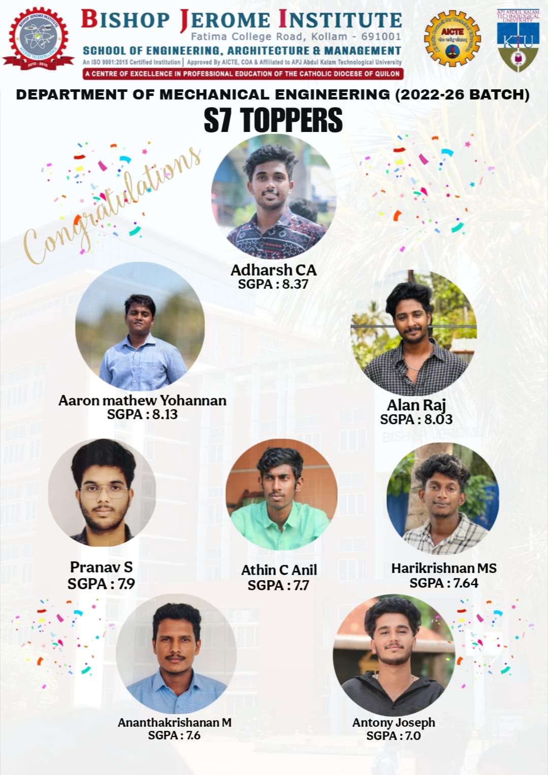 Bishop Jerome Institute Celebrates Academic Excellence: Mechanical Engineering S7 Toppers Announced!