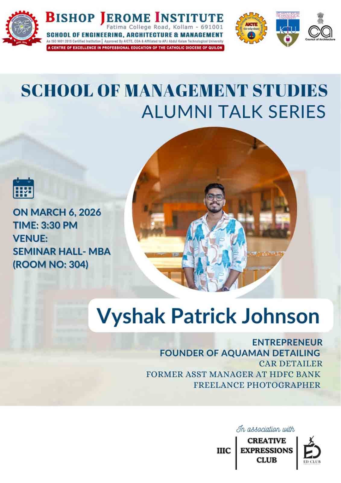 Bishop Jerome Institute to Host Alumni Talk Featuring Entrepreneur Vyshak Patrick Johnson