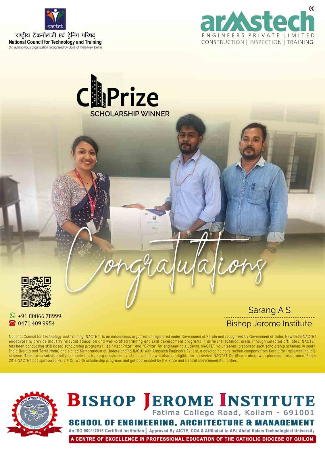 BJI Student Sarang A S Wins Prestigious CPrize Scholarship