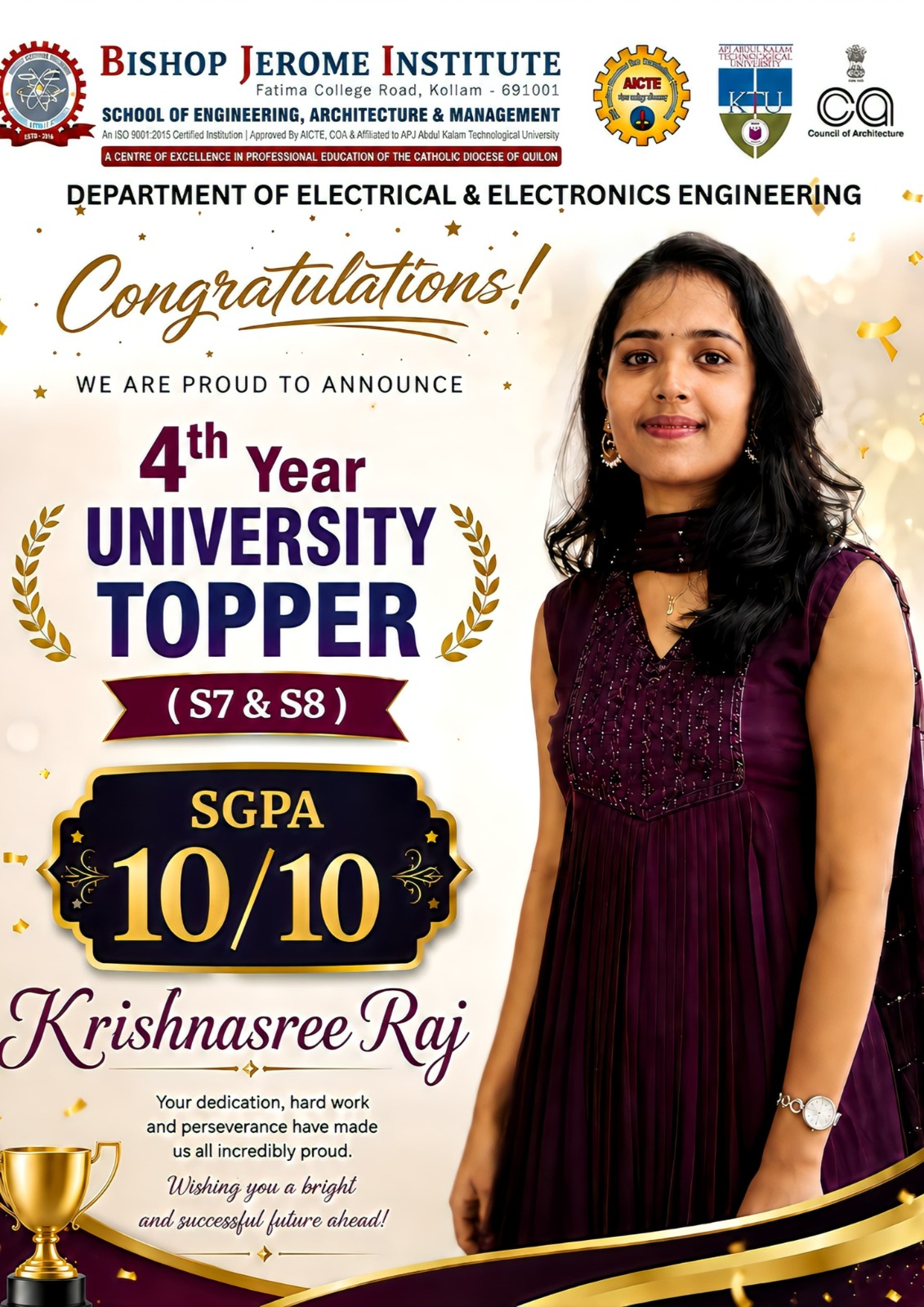 Shining Bright: Krishnasree Raj Secures Perfect 10/10 SGPA to Become University Topper