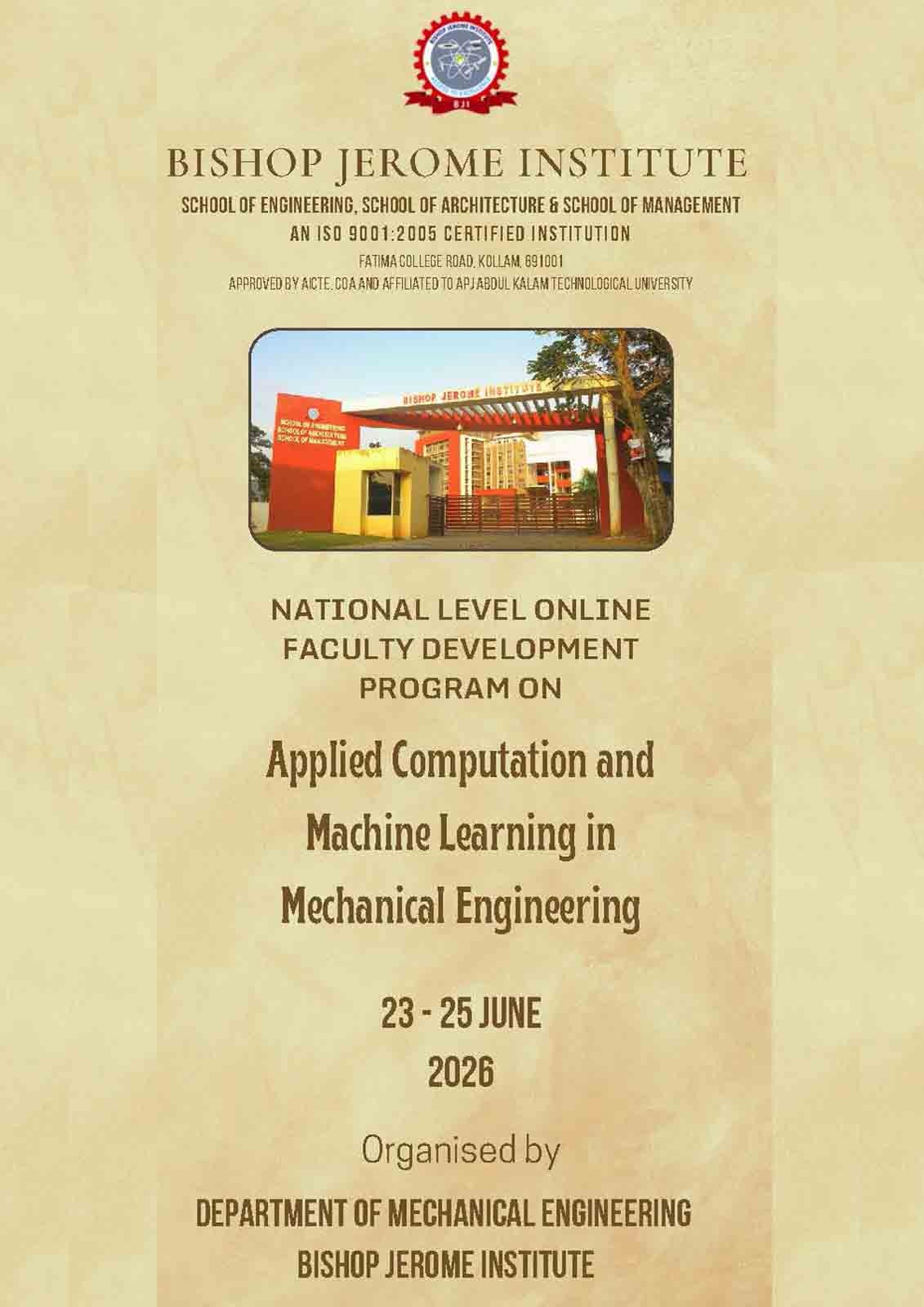Empowering Educators: Bishop Jerome Institute Announces National Level Online FDP on Applied Computation and Machine Learning in Mechanical Engineering
