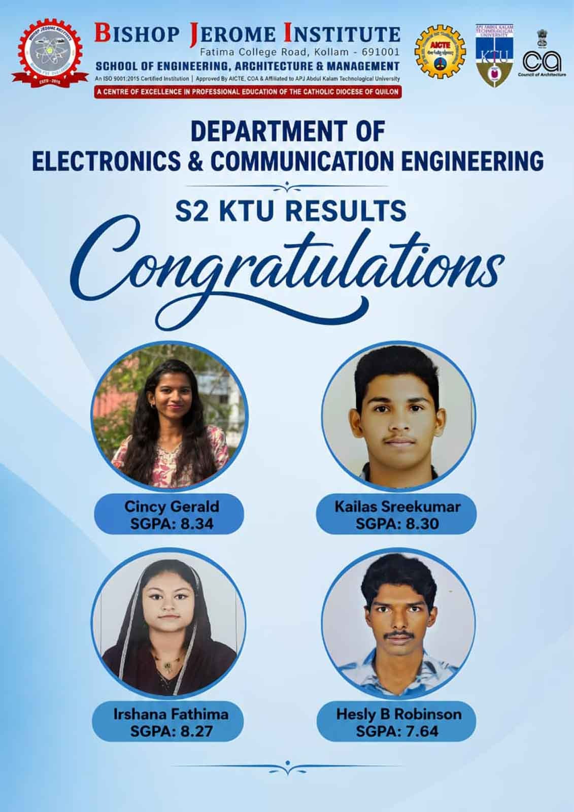 Celebrating Academic Excellence: Bishop Jerome Institute ECE Students Shine in S2 KTU Results