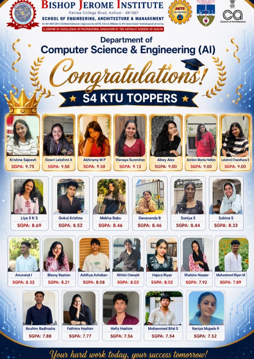 Bishop Jerome Institute Celebrates Outstanding Success in KTU S4 Computer Science & Engineering (AI) Results