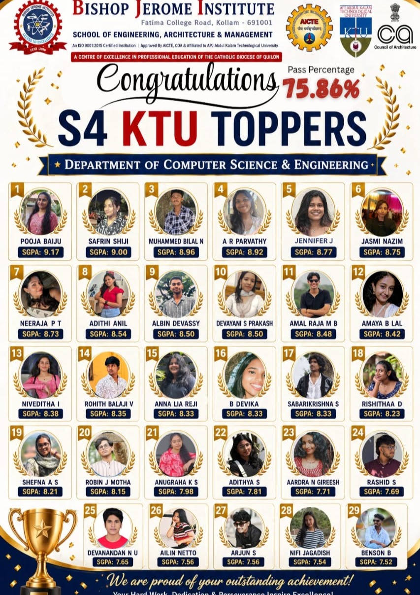 Bishop Jerome Institute Celebrates Academic Excellence: Department of CSE Secures Outstanding Results in S4 KTU Exams