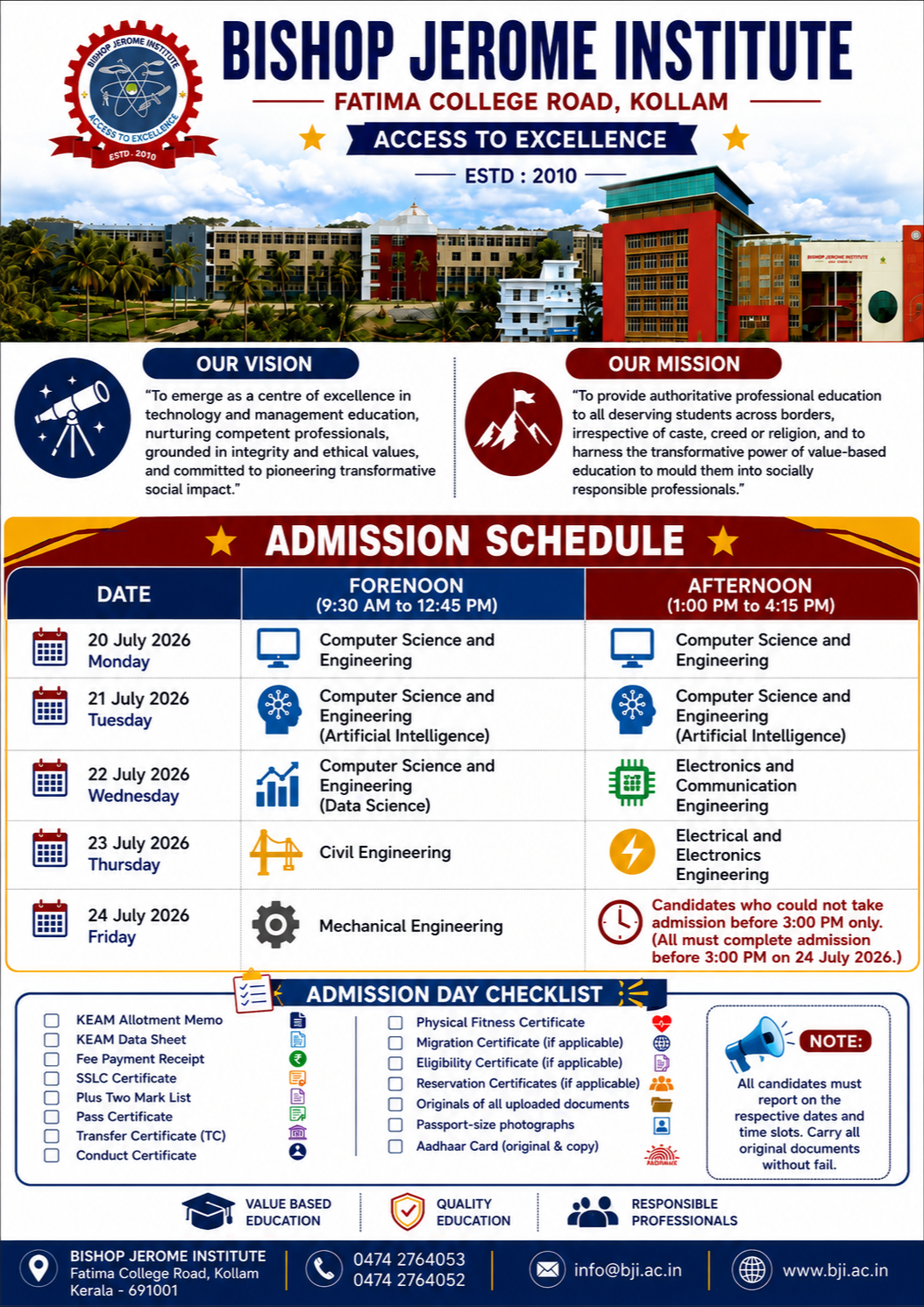 Bishop Jerome Institute (BJI) Kollam B.Tech Admission 2026: Schedule, Branch-Wise Dates & Document Checklist
