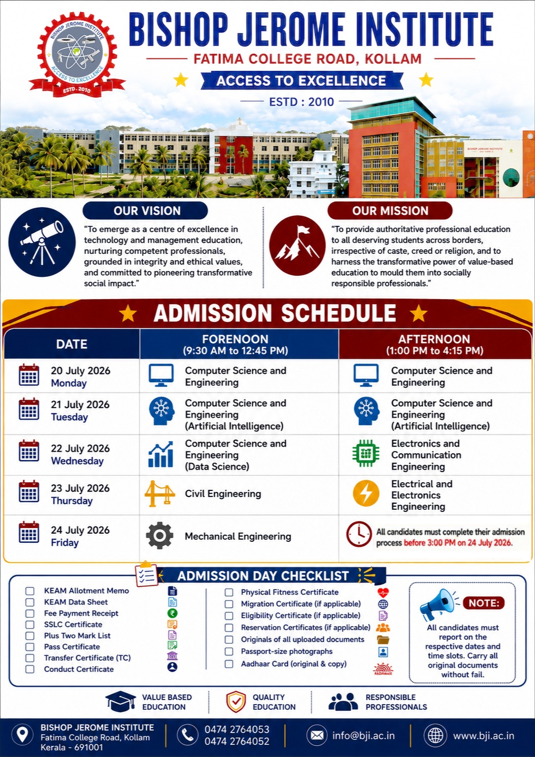 Bishop Jerome Institute (BJI) Kollam B.Tech Admission 2026: Schedule, Branch-Wise Dates & Document Checklist