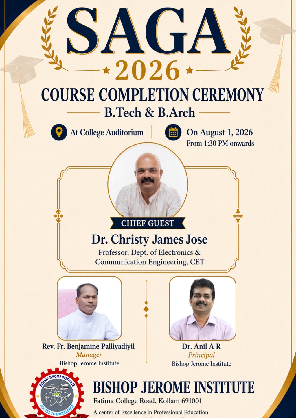 SAGA 2026: Bishop Jerome Institute Celebrates B.Tech & B.Arch Course Completion Ceremony