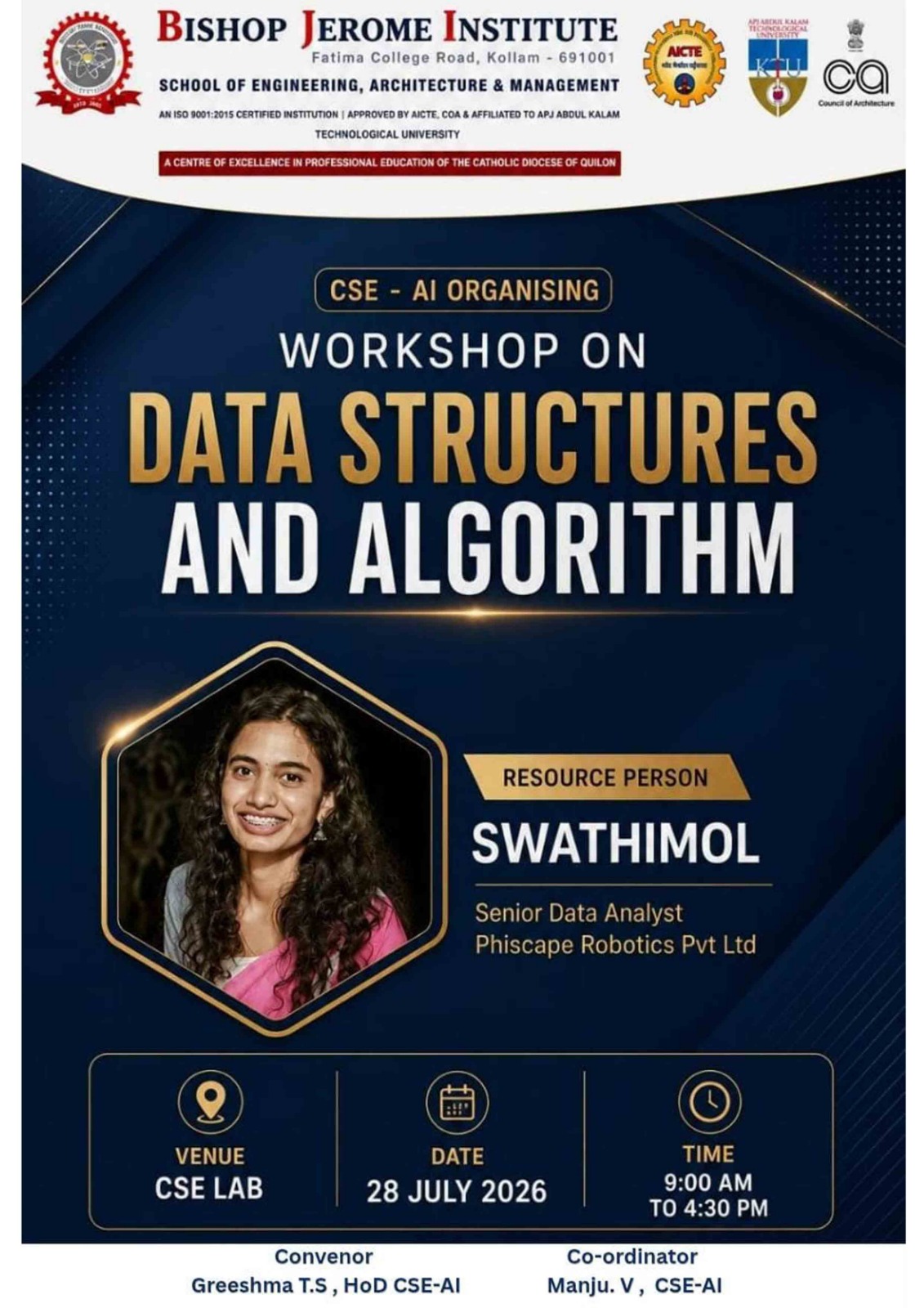 Workshop on Data Structures and Algorithm Organized by  CSE -AI ,Bishop Jerome Institute