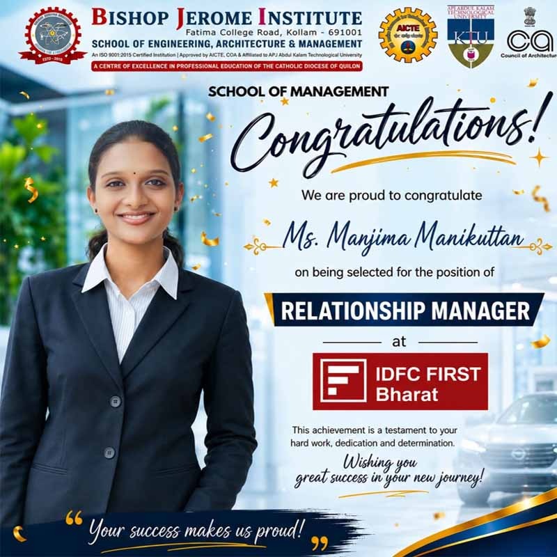 Campus Placement Success: Ms. Manjima Manikuttan Placed as Relationship Manager at IDFC FIRST Bharat
