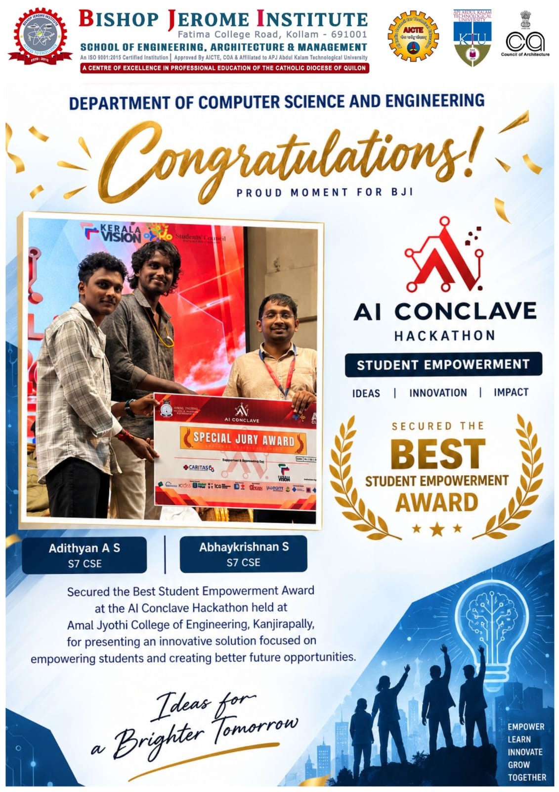 BJI Computer Science Department Secures Best Student Empowerment Award at Amal Jyothi AI Conclave