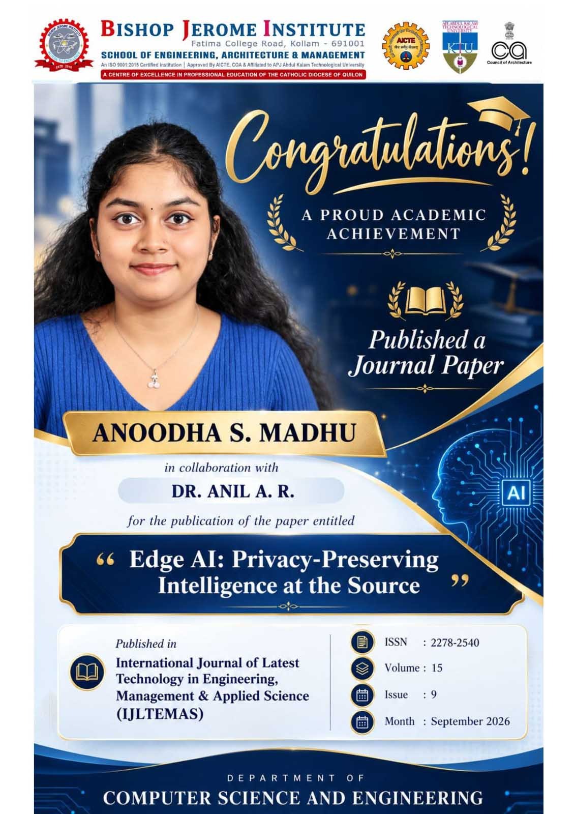Celebrating Academic Excellence: Anoodha S. Madhu Publishes Research Paper on  'Edge AI'